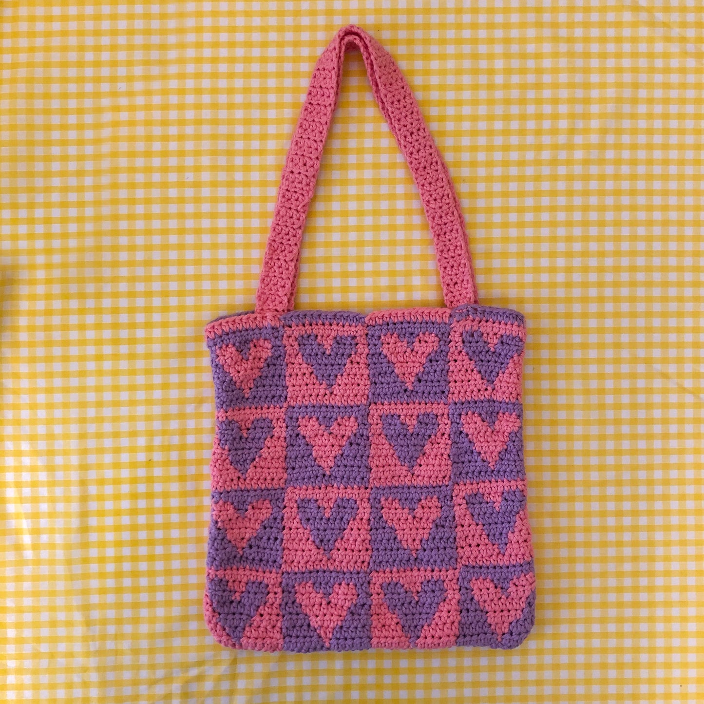Crochet Heart Tote Bag in Pink/Purple