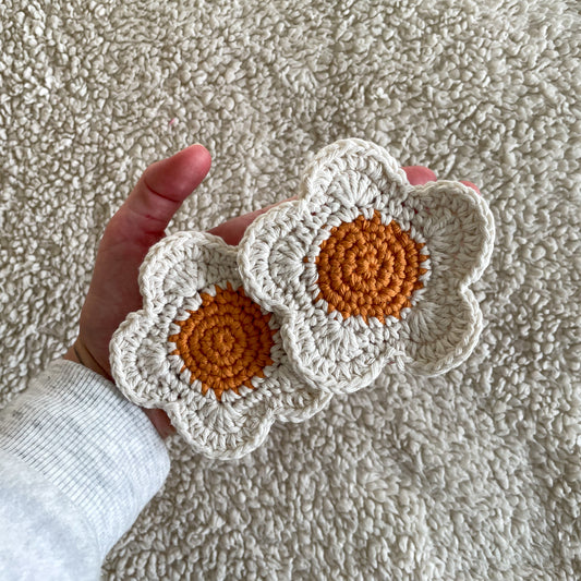 Set of 2 Ready Made Flower Coasters in Off-White/Orange