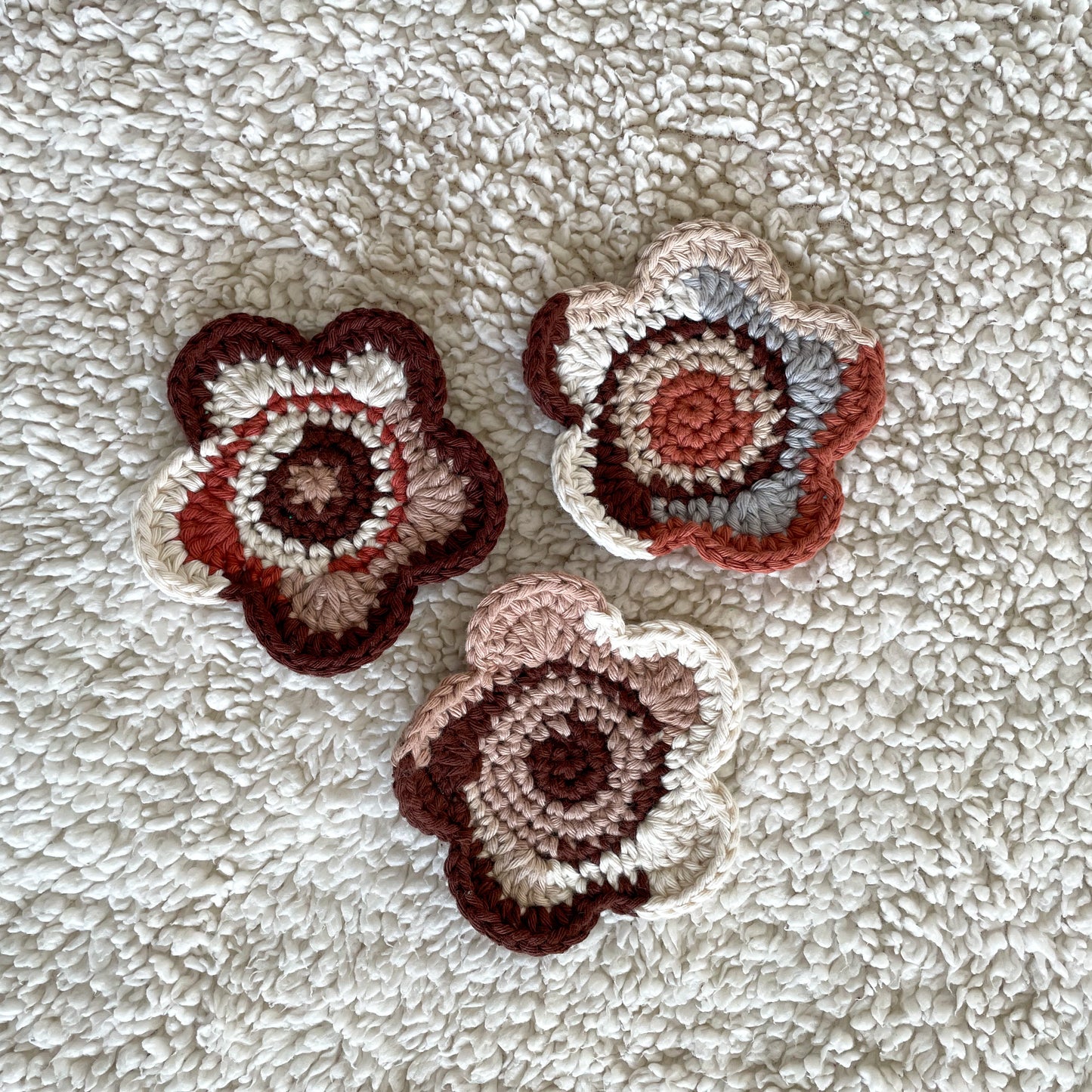 Set of 3 Ready Made Scrap Yarn Flower Coasters