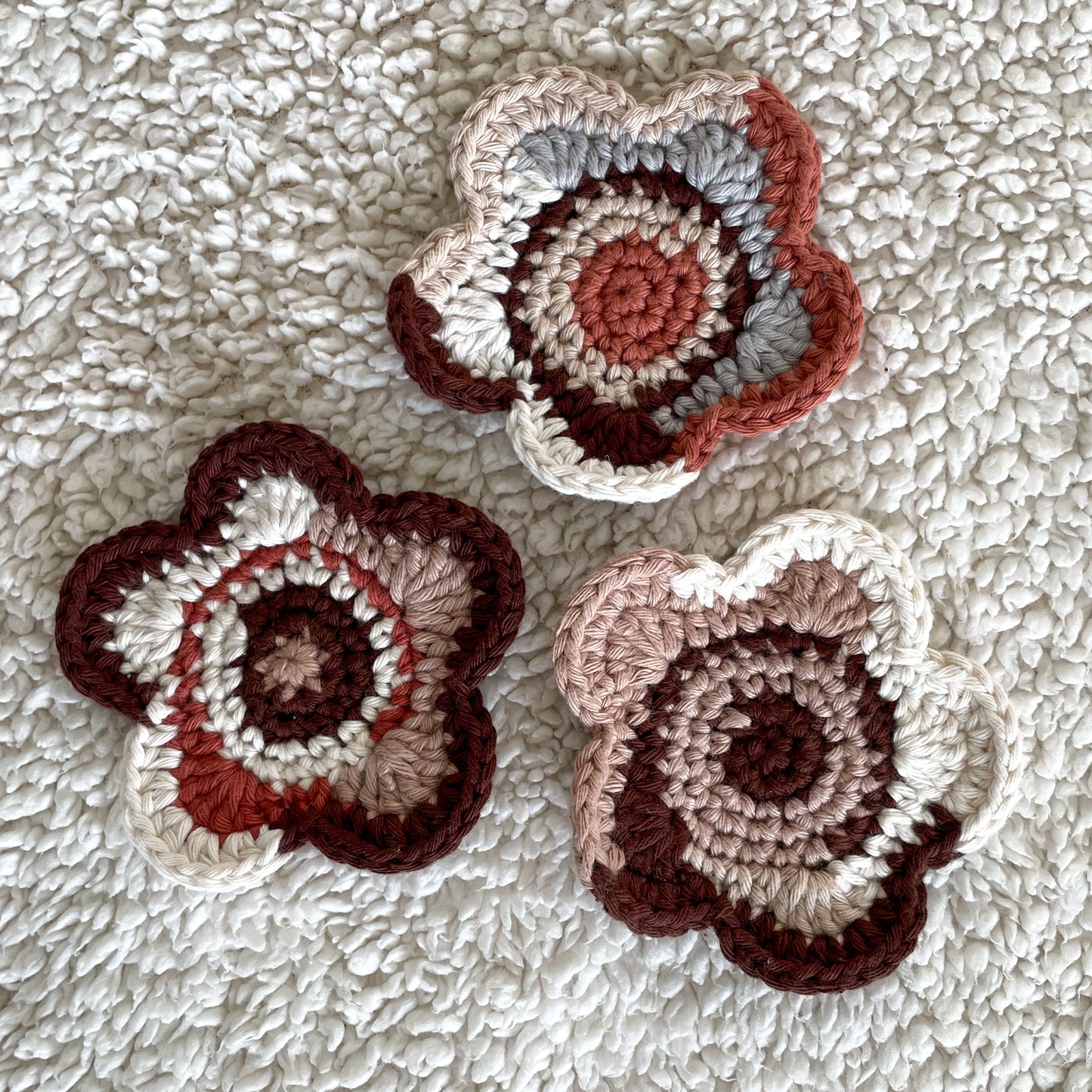 Set of 3 Ready Made Scrap Yarn Flower Coasters