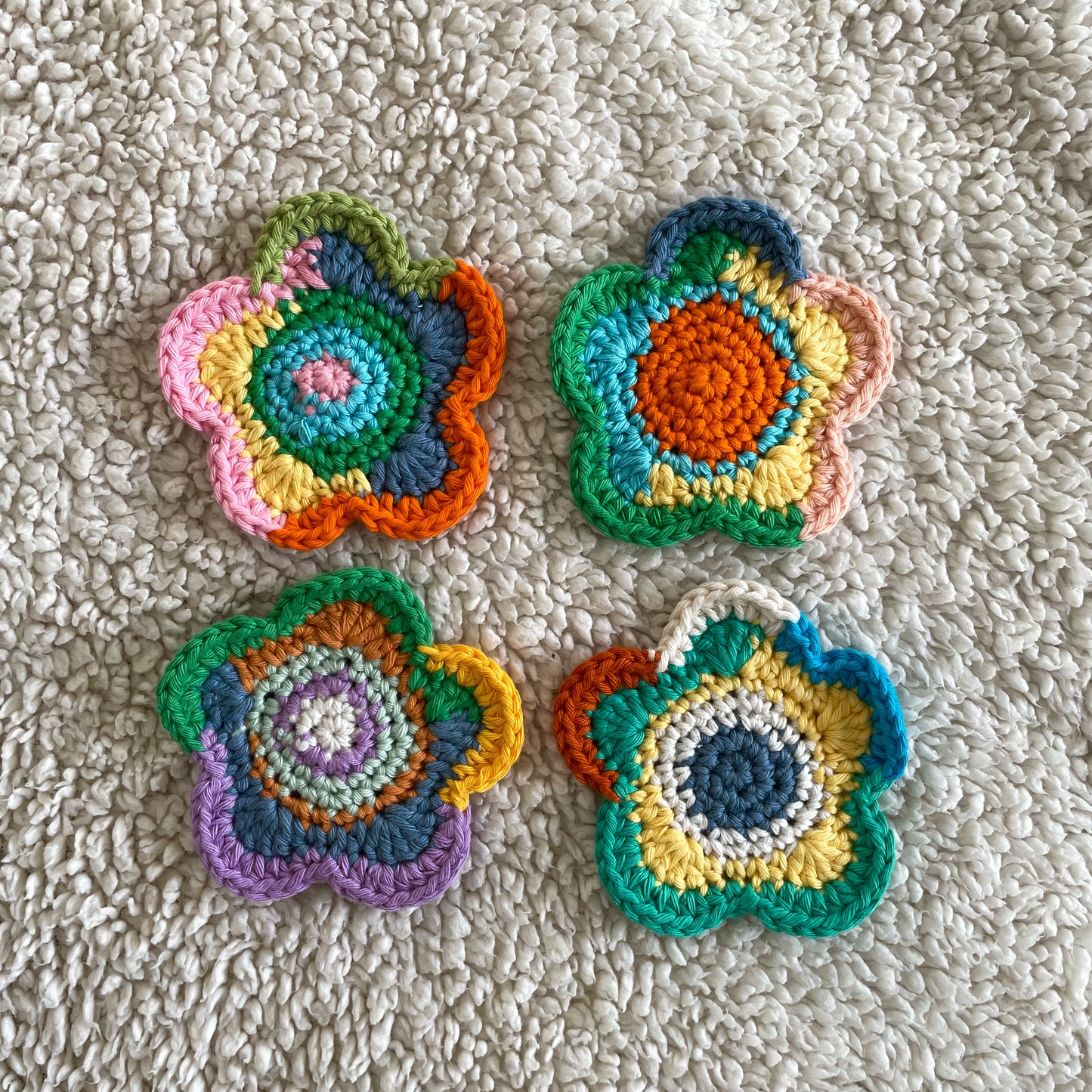 Set of 4 Ready Made Scrap Yarn Flower Coasters