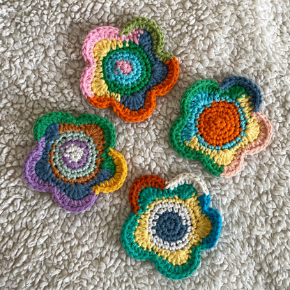 Set of 4 Ready Made Scrap Yarn Flower Coasters