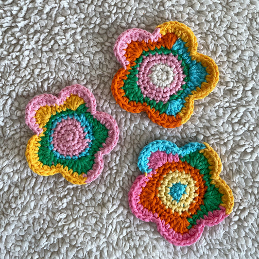 Set of 3 Ready Made Scrap Yarn Flower Coasters