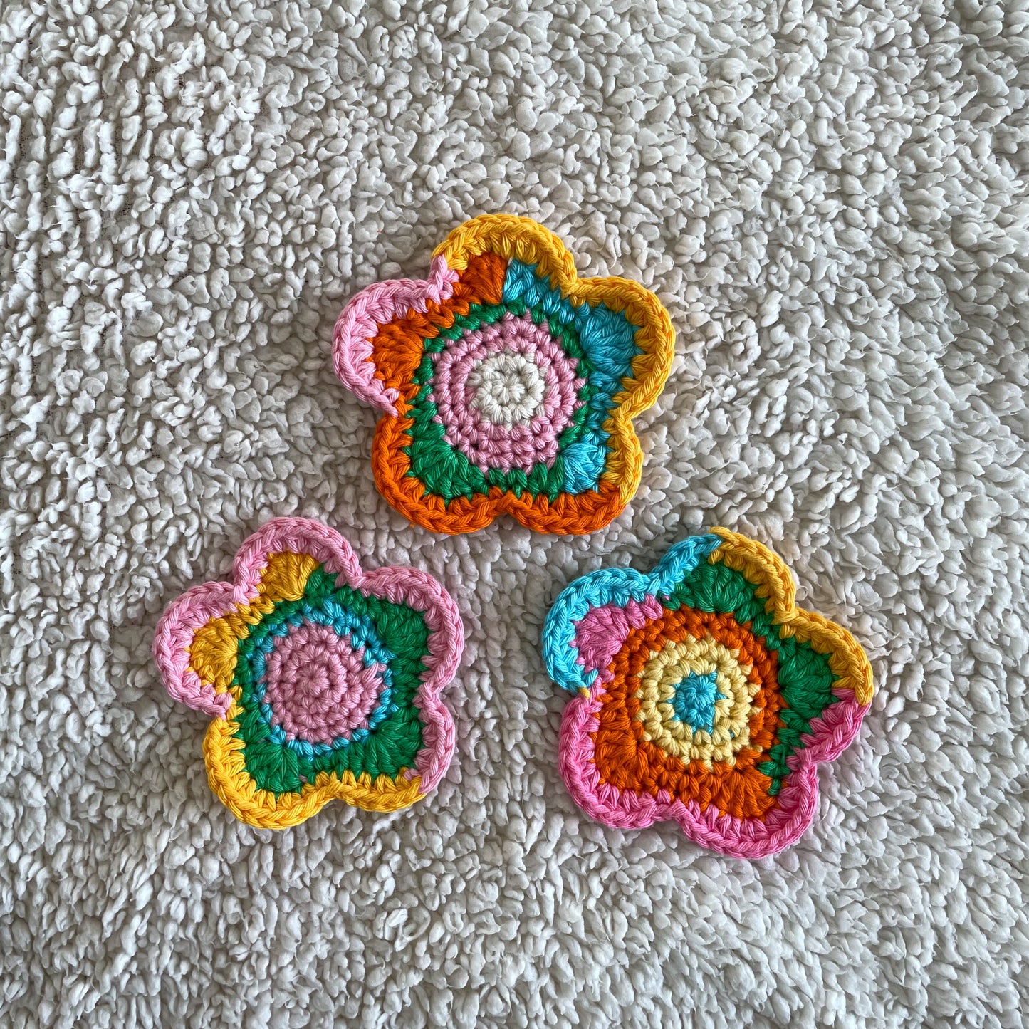 Set of 3 Ready Made Scrap Yarn Flower Coasters