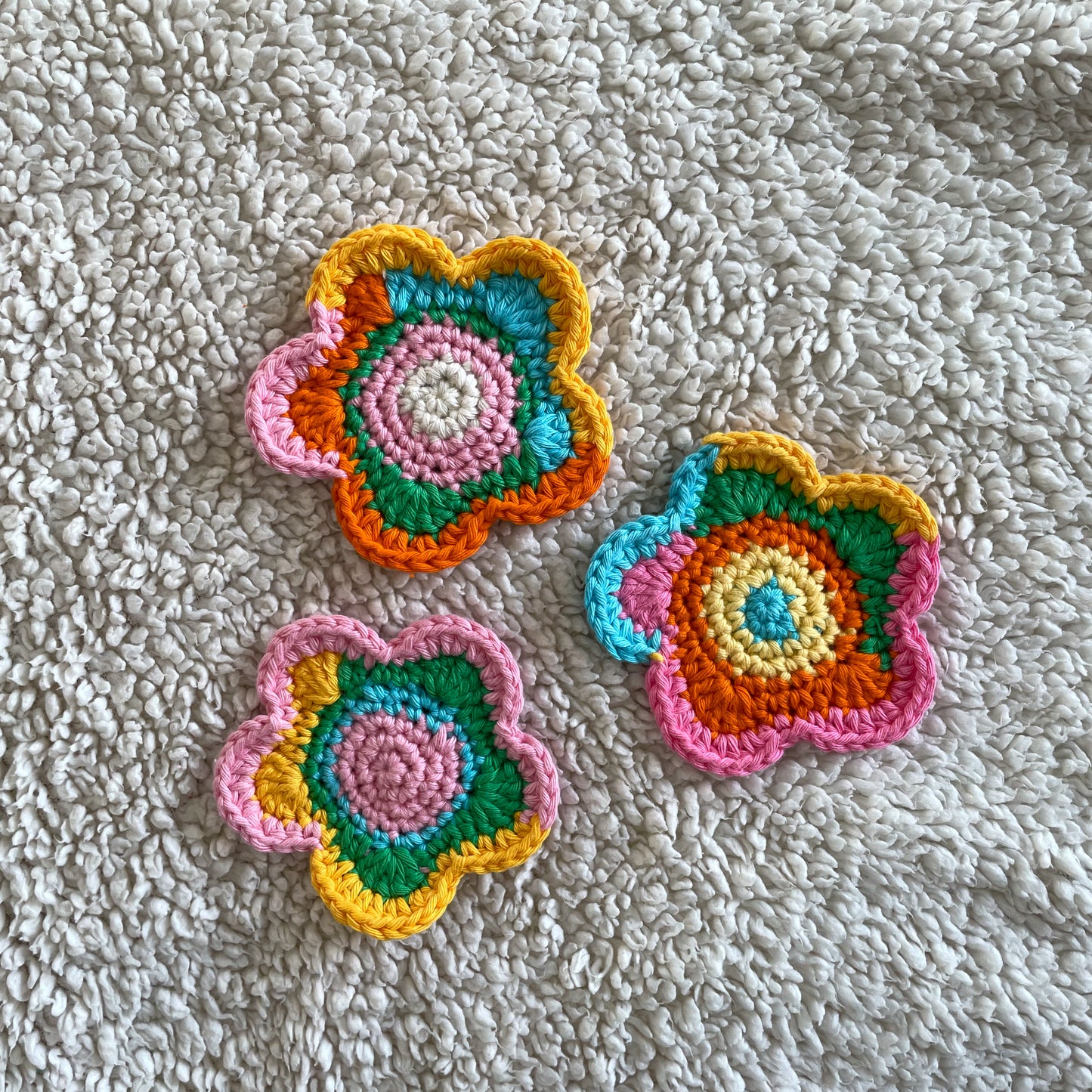 Set of 3 Ready Made Scrap Yarn Flower Coasters