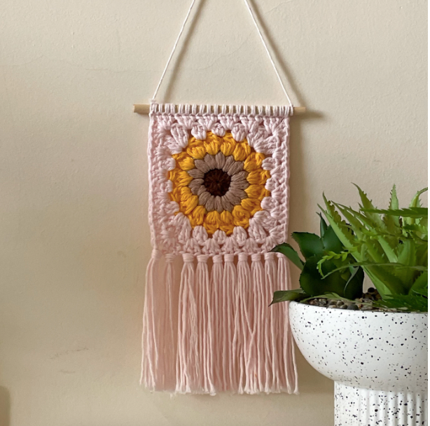 Crochet Sunflower Wall Hanging in Baby PinK