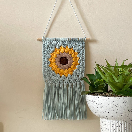 Crochet Sunflower Wall Hanging in Light Blue