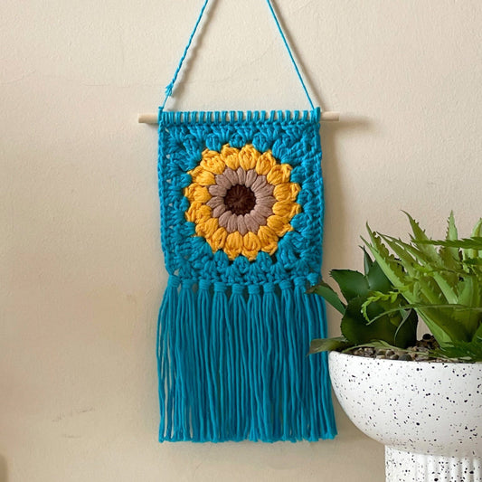 Crochet Sunflower Wall Hanging in Dark Turquoise