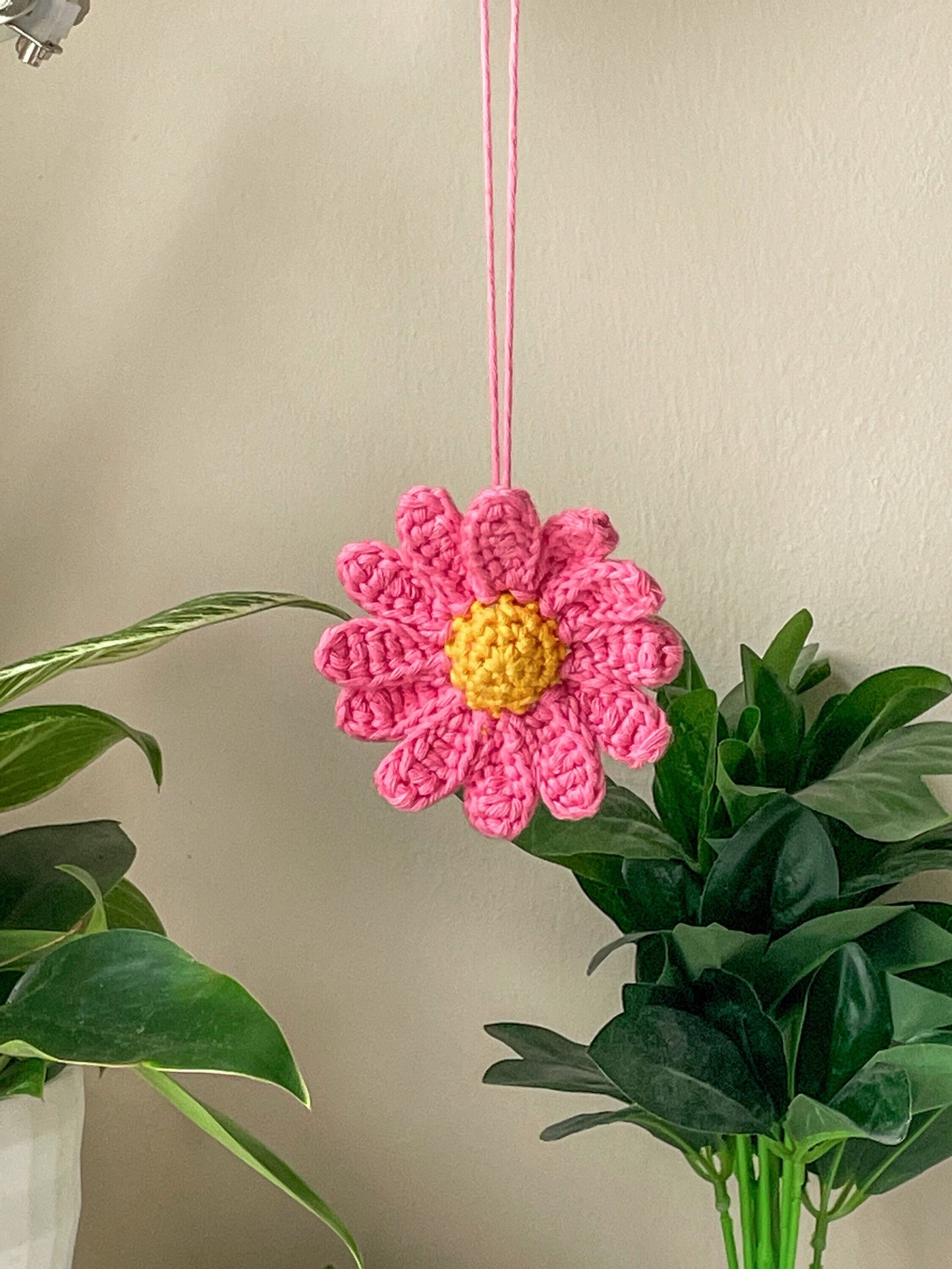 Crochet Daisy Car Charm in Pink