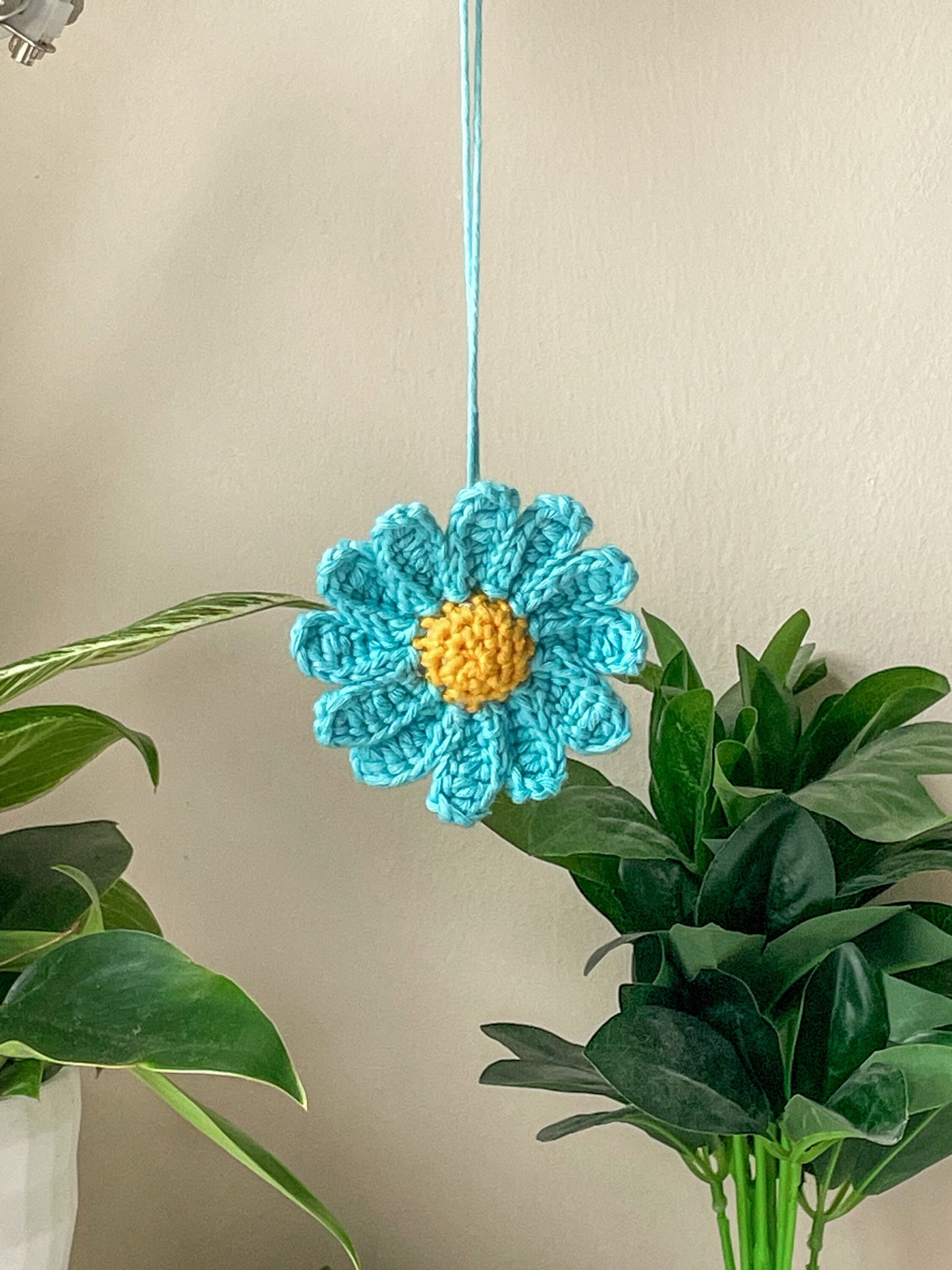 Crochet Daisy Car Charm in Light Turquoise