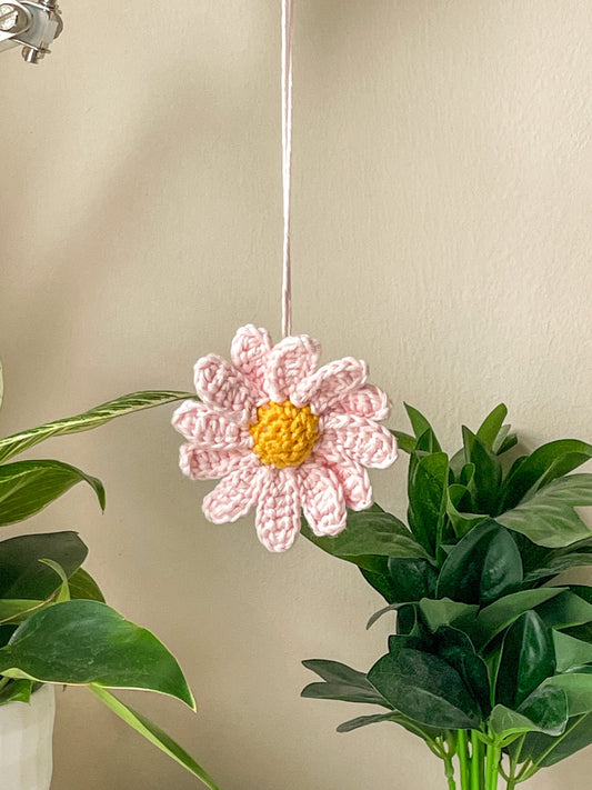 Crochet Daisy Car Charm in Baby Pink