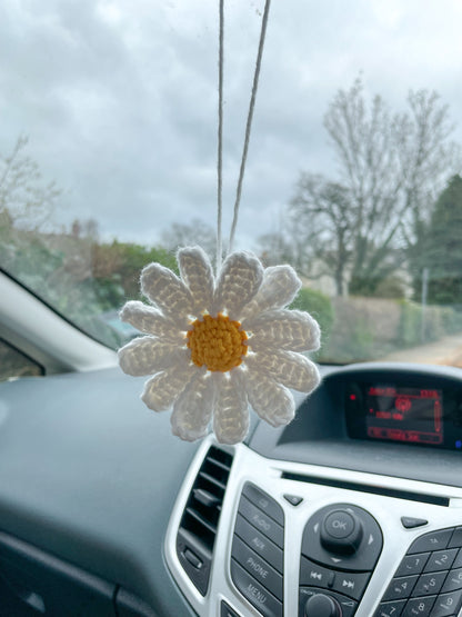 Crochet Daisy Car Charm in White