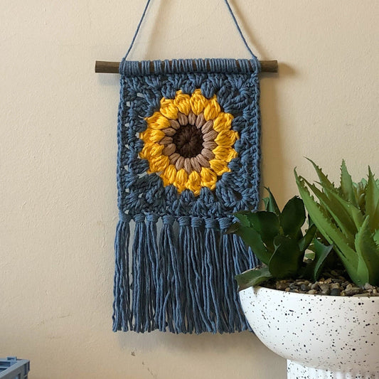 Sunflower Wall Hanging in Blue | Crochet Home Decor