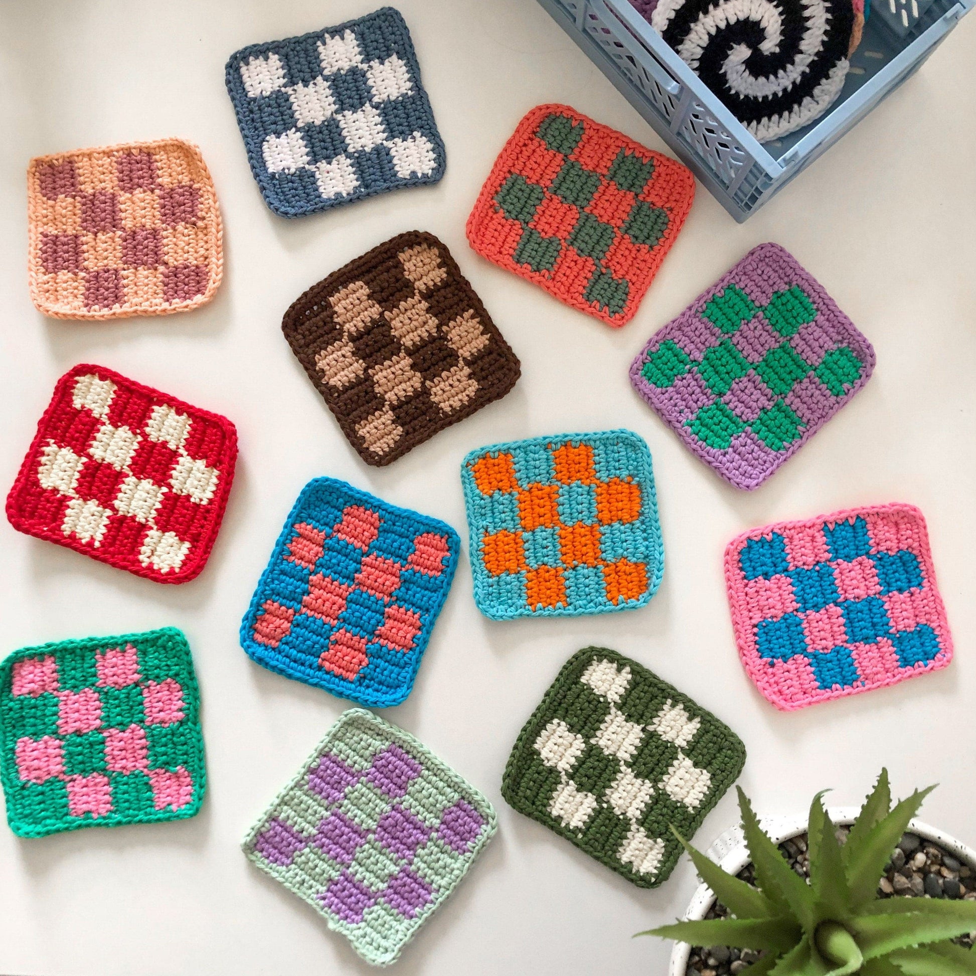 Crochet Checkered Coasters | Crochet y2k Home Decor | Handmade Coasters